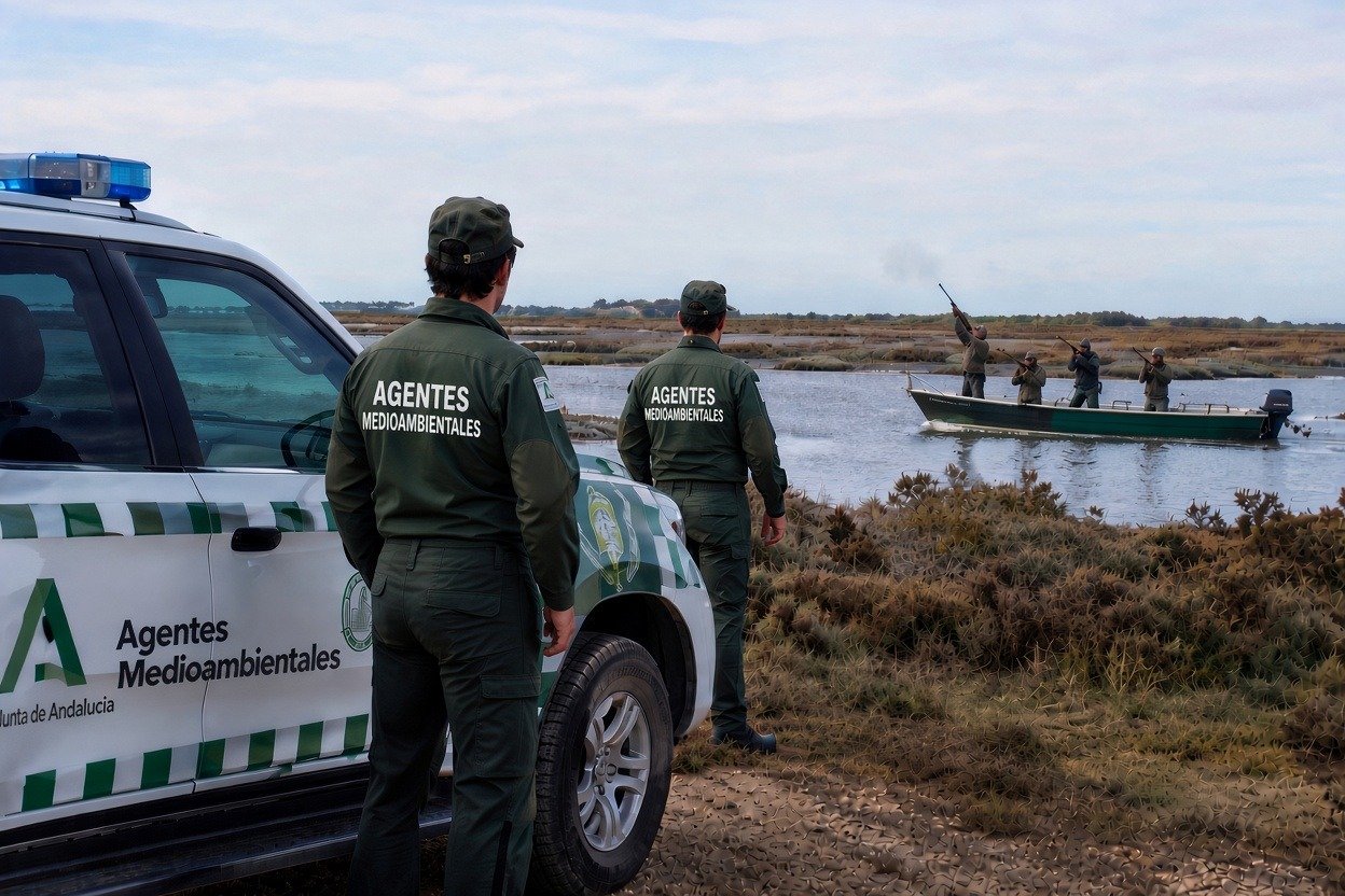 Agentes Medioambientales de la Junta de Andalucía junto a su vehículo oficial en Doñana, observando una embarcación con varias personas armadas con escopetas